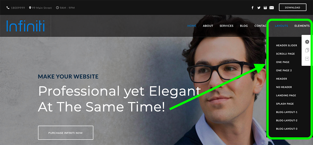 Infiniti Weebly theme's layouts