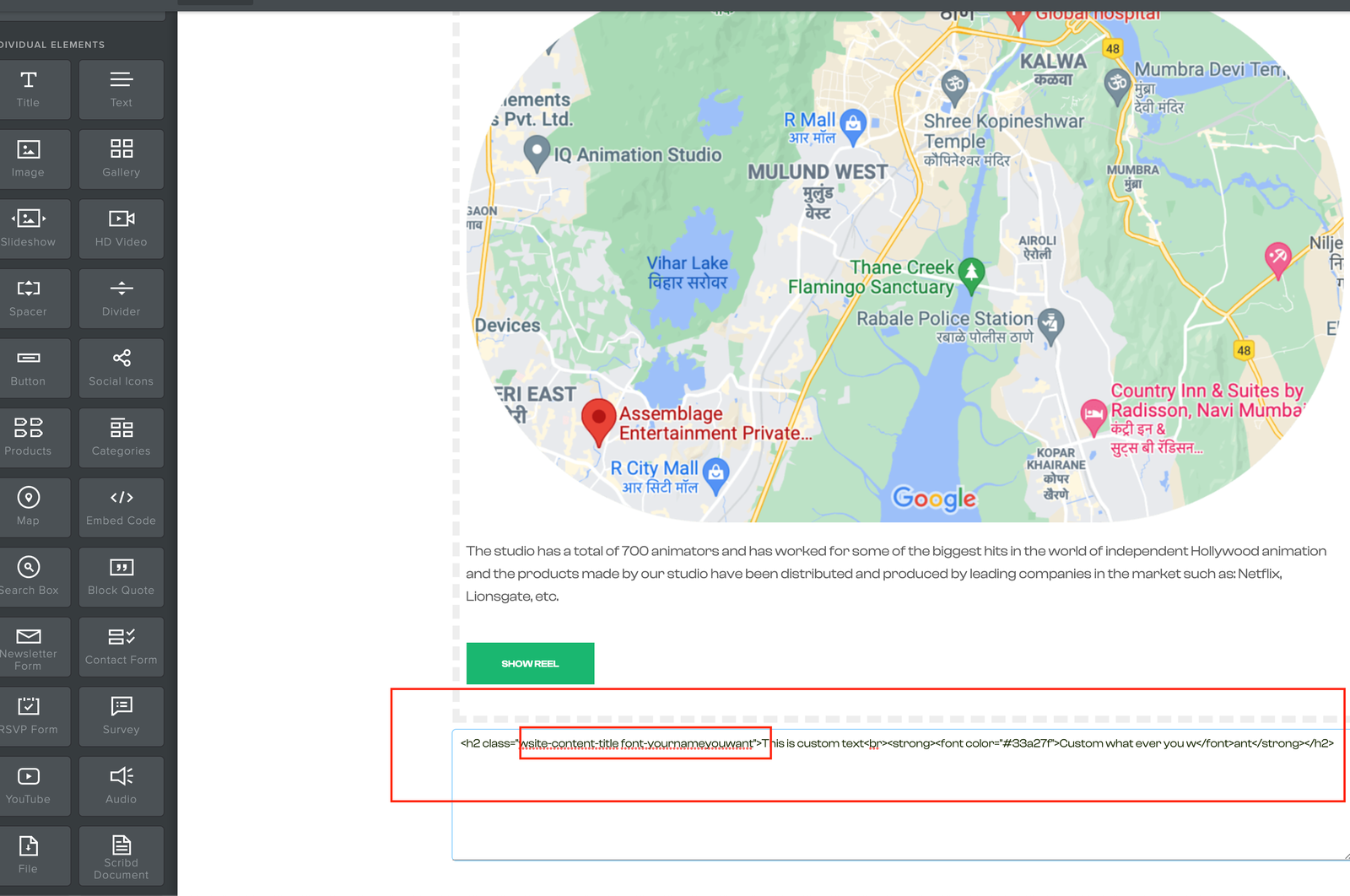 Use the Embed Code element for custom fonts